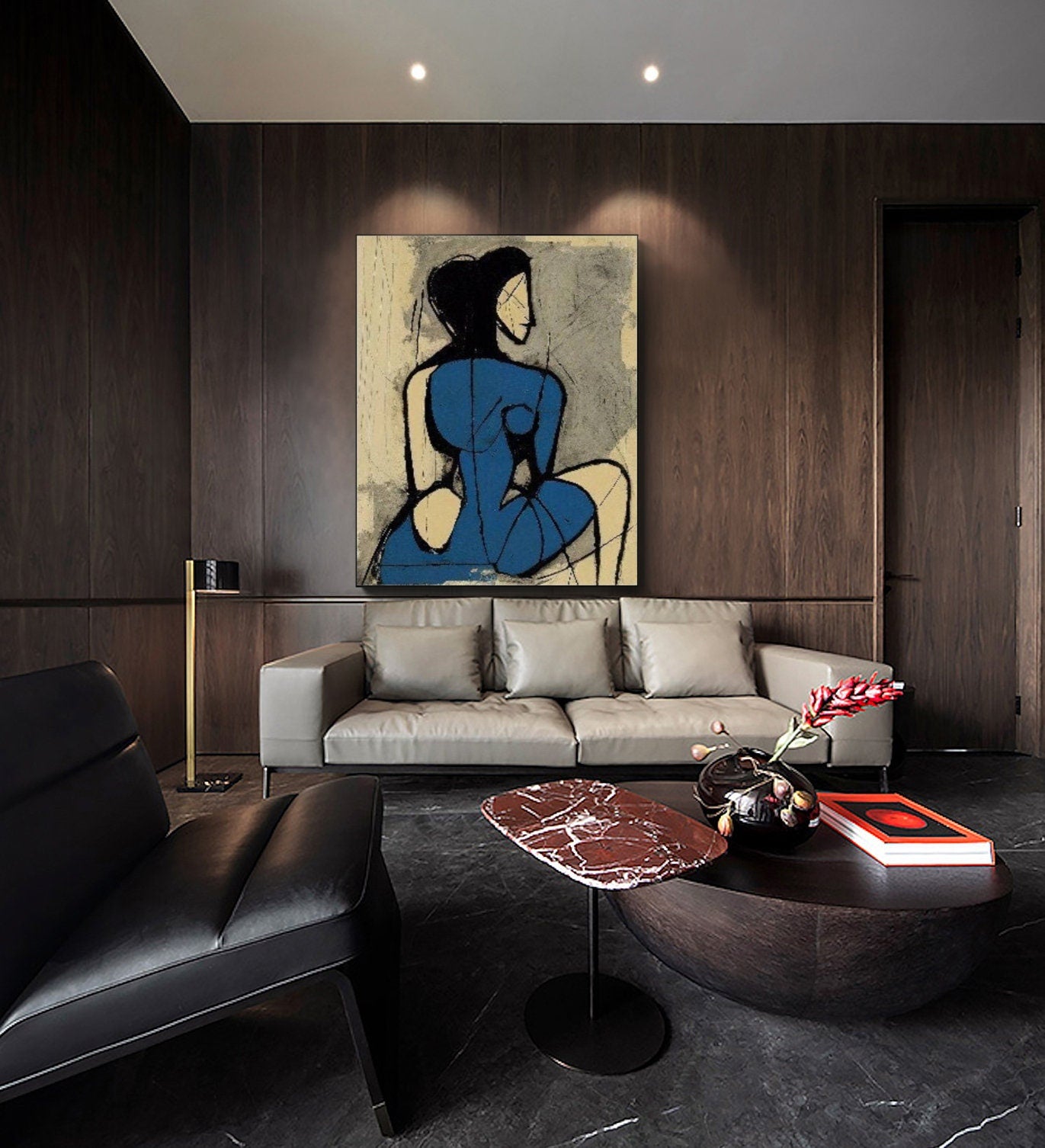 Minimalist Blue Nude Painting - Large Abstract Female Wall Art#MM488