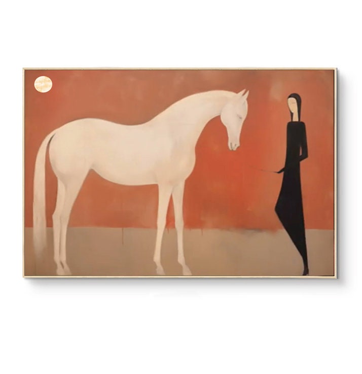 Minimalist White Horse Canvas Art – Modern Abstract Wall Painting for Living Room#MM473