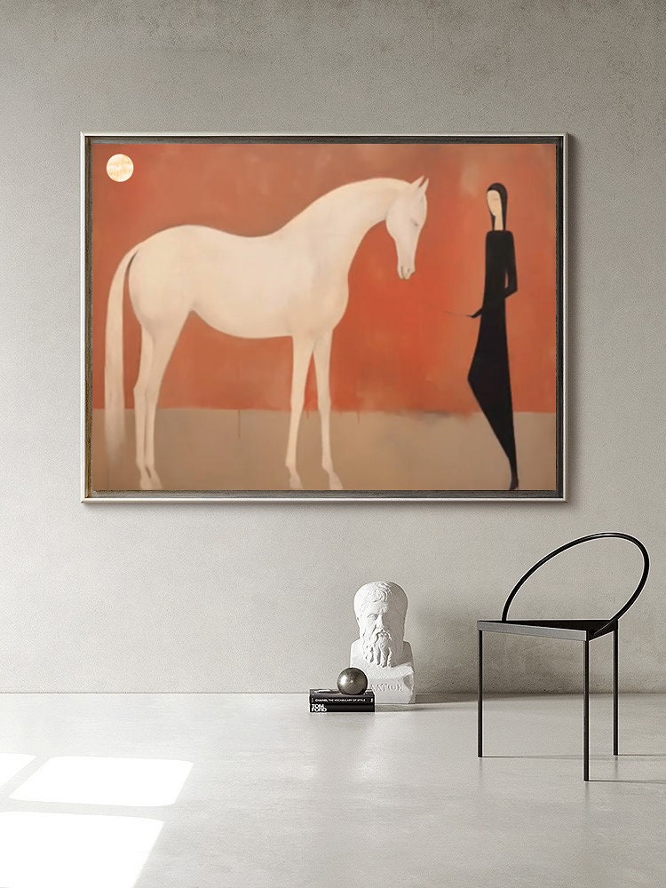 Minimalist White Horse Canvas Art – Modern Abstract Wall Painting for Living Room#MM473