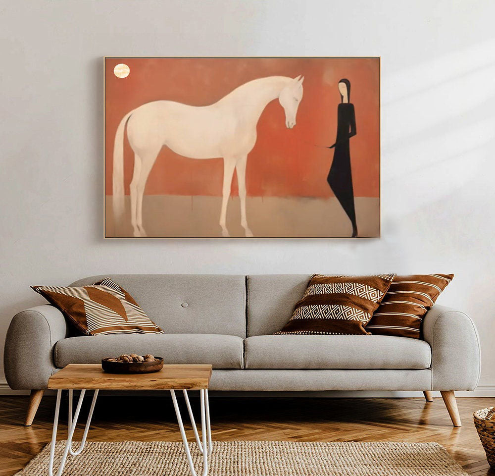 Minimalist White Horse Canvas Art – Modern Abstract Wall Painting for Living Room#MM473