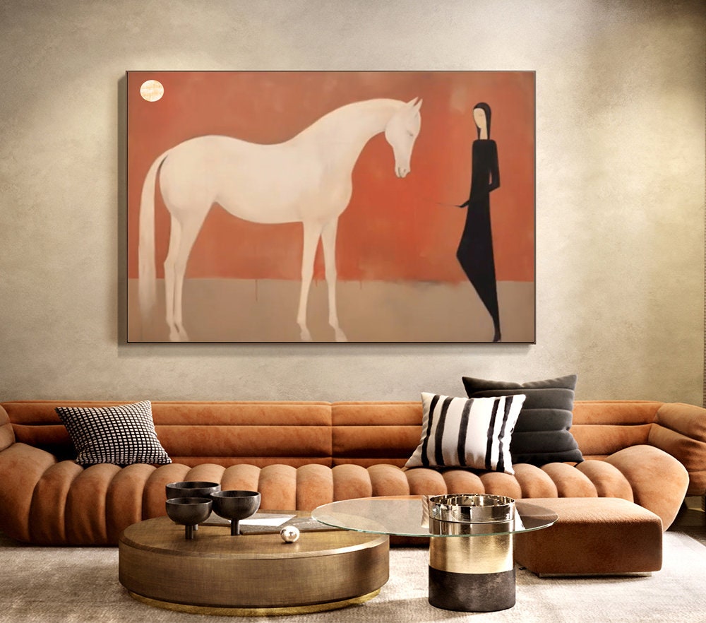 Minimalist White Horse Canvas Art - Modern Abstract Wall Painting for