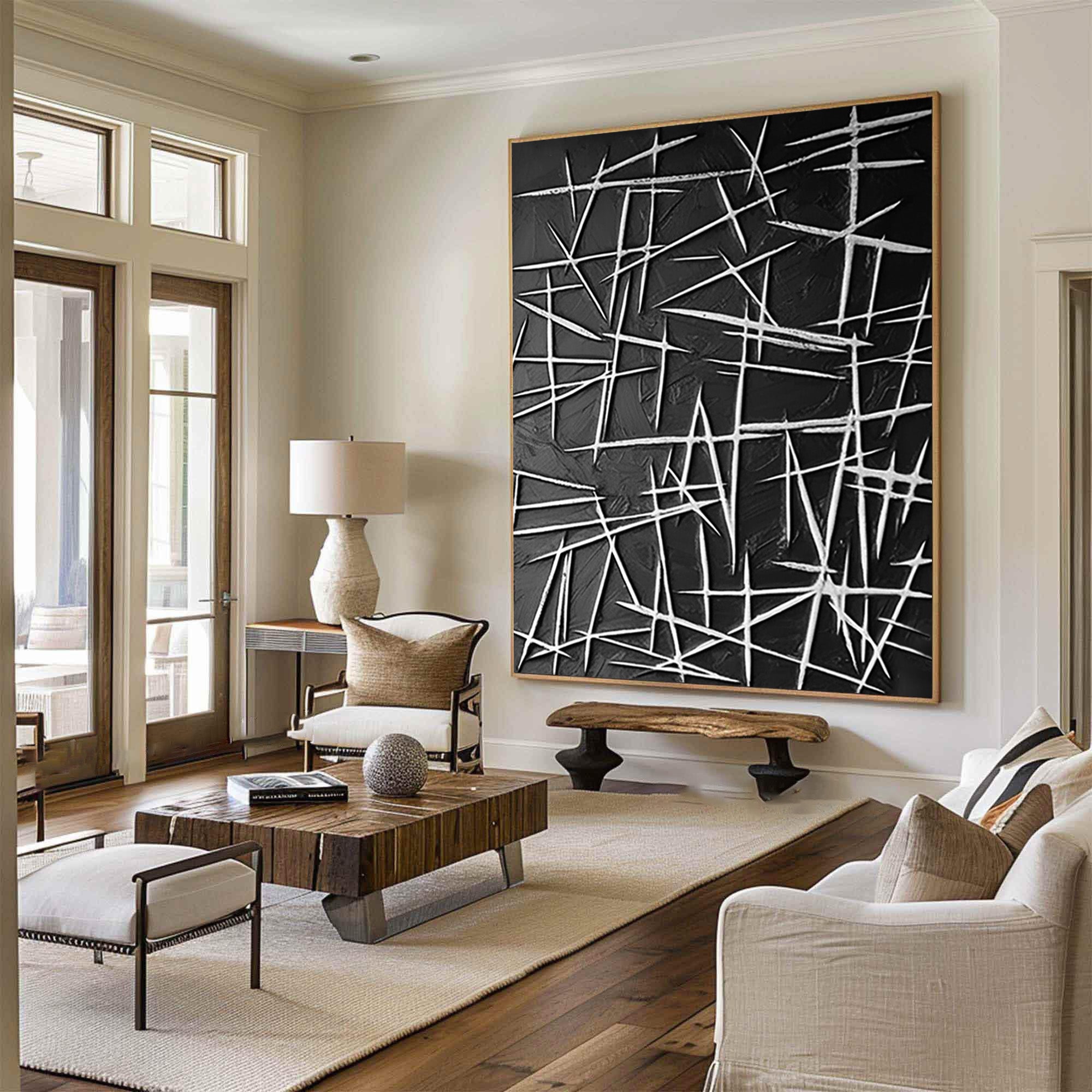 Framed White Line Contrast, Dark Textured Play, Modern Wall Art #MM413