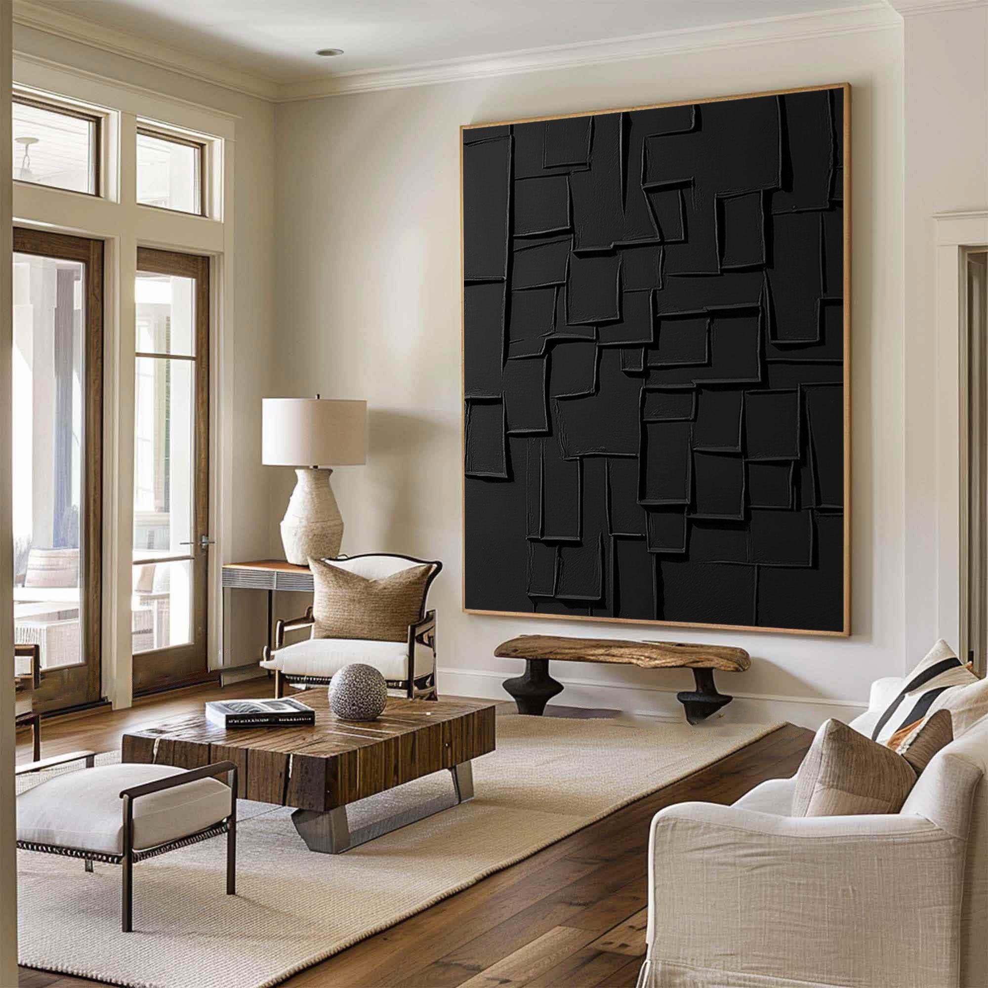 Sculptural Black Abstraction With Sunken Rectangles, Modern Art #MM412