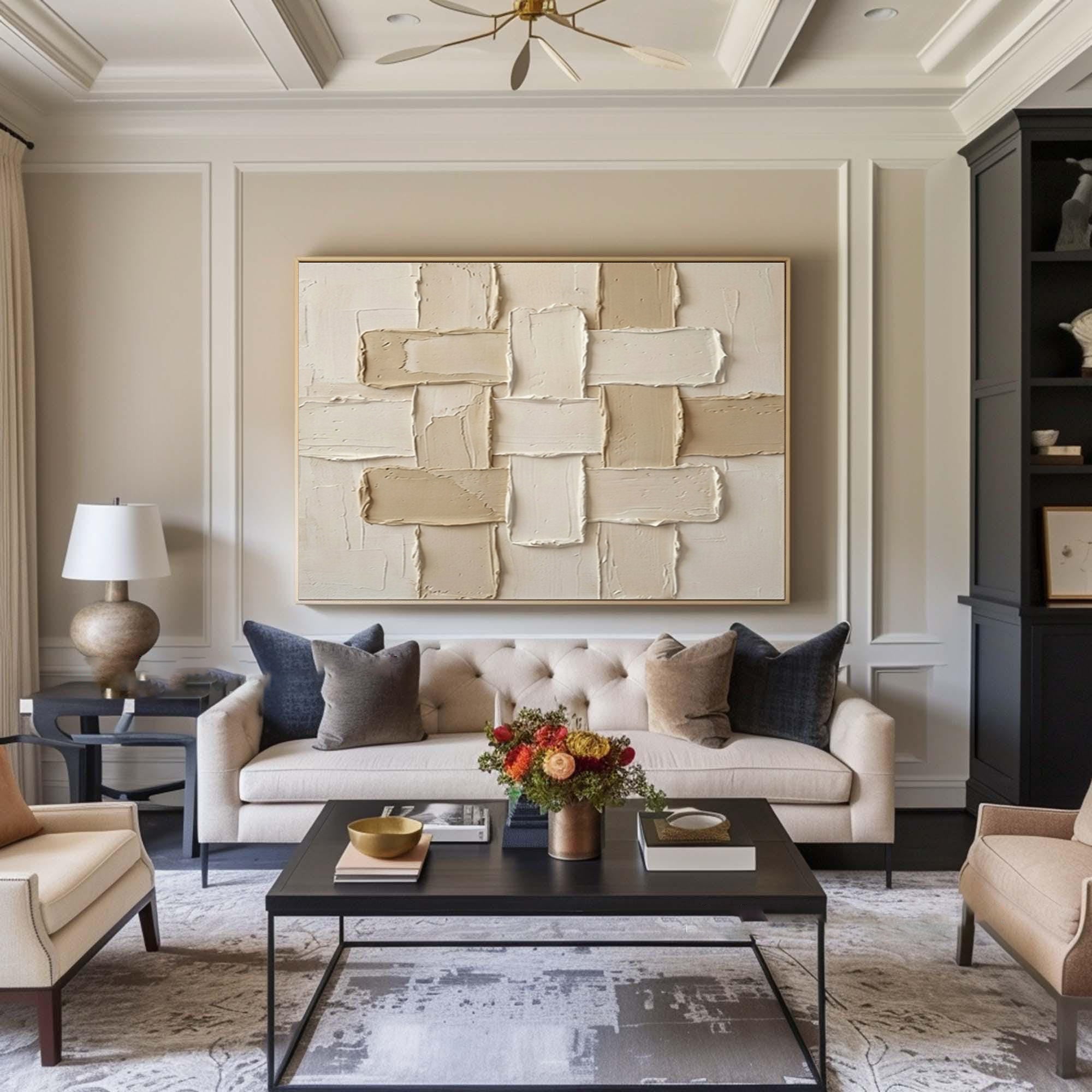 Large Beige Textured Abstract Wall Art Contemporary Neutral Decor