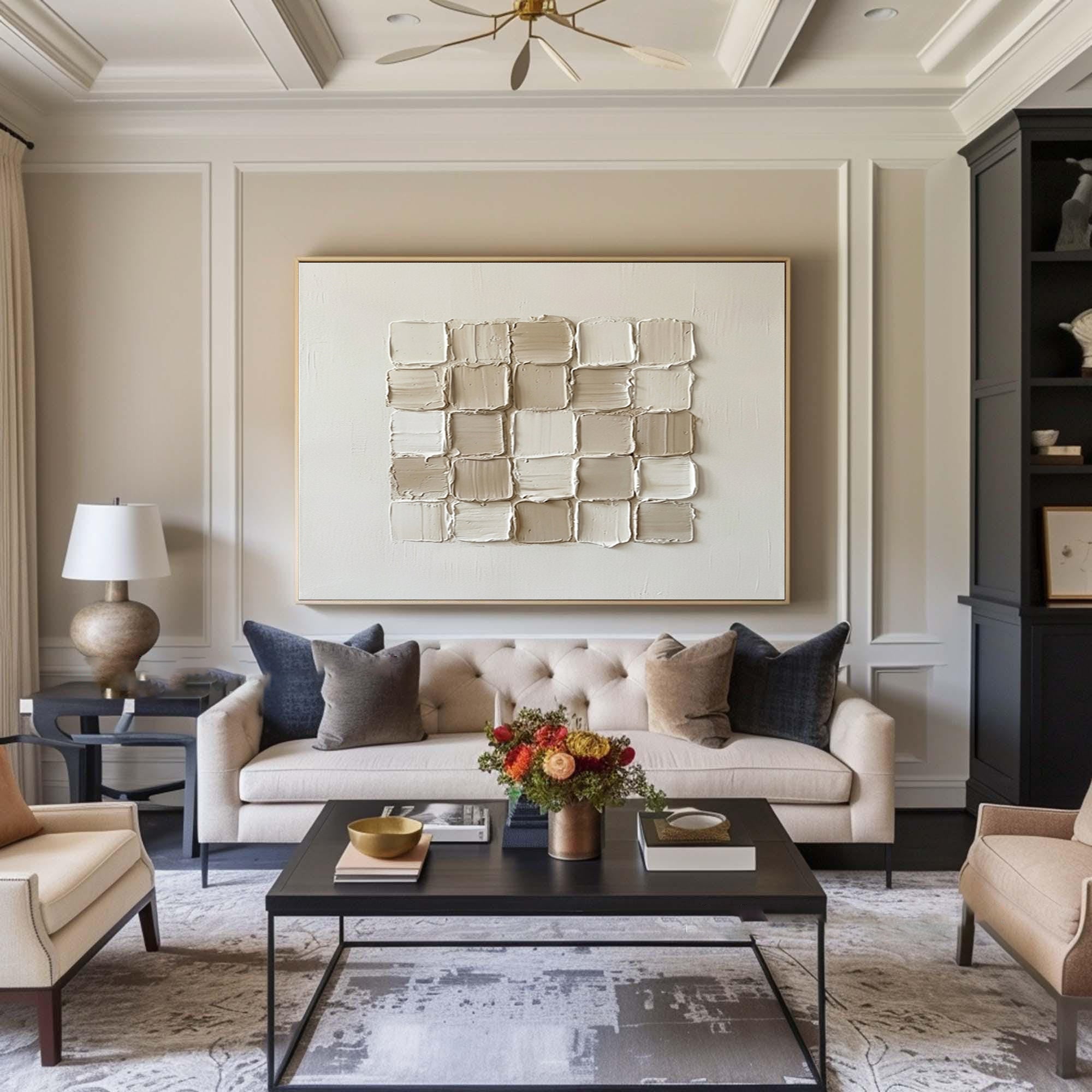 Large Ivory Textured Canvas Art Contemporary Geometric Wall Decor