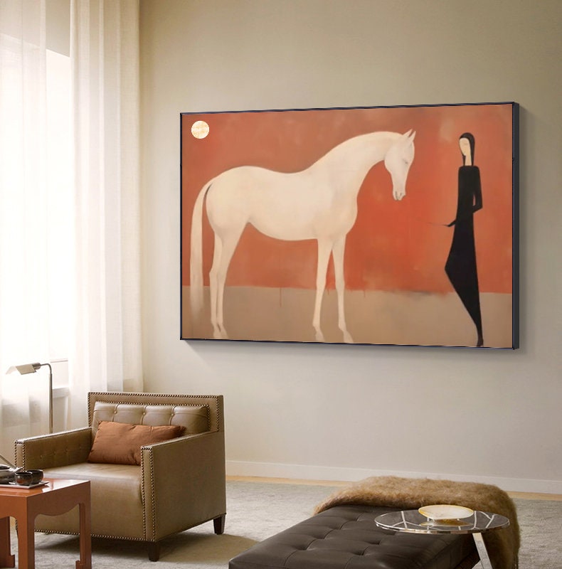 Minimalist White Horse Canvas Art – Modern Abstract Wall Painting for Living Room#MM473