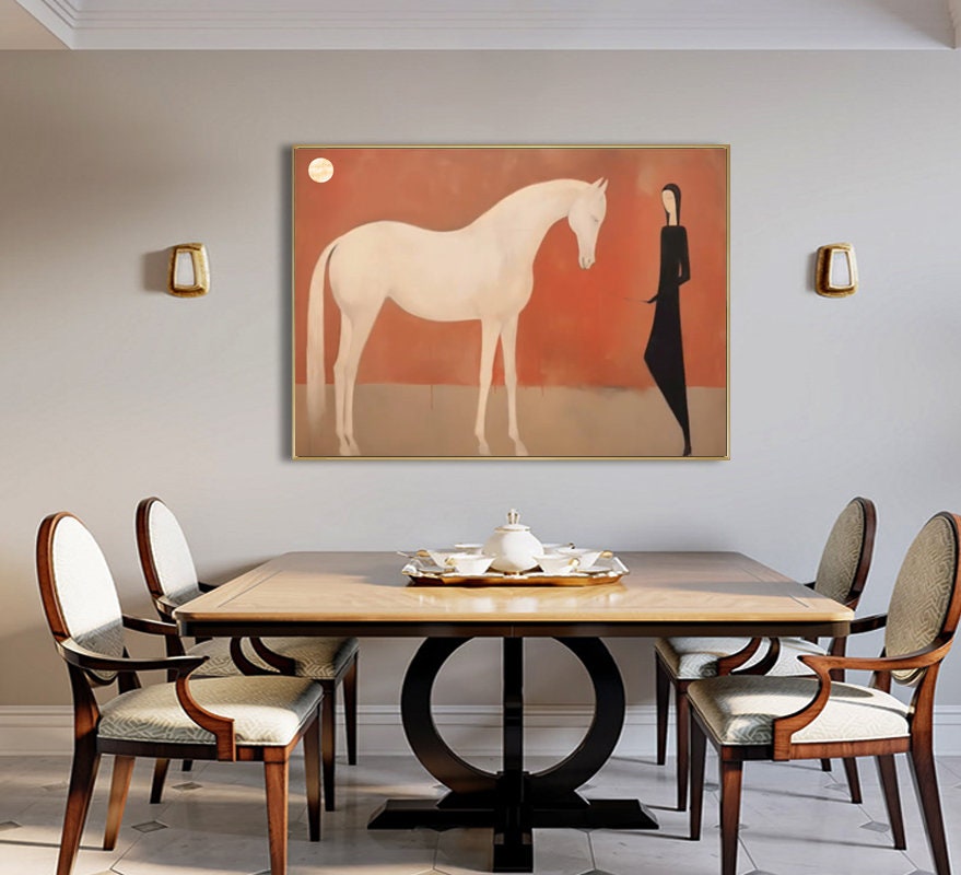 Minimalist White Horse Canvas Art – Modern Abstract Wall Painting for Living Room#MM473