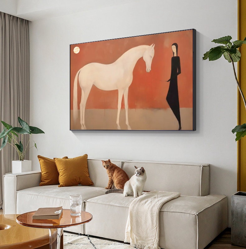 Minimalist White Horse Canvas Art – Modern Abstract Wall Painting for Living Room#MM473