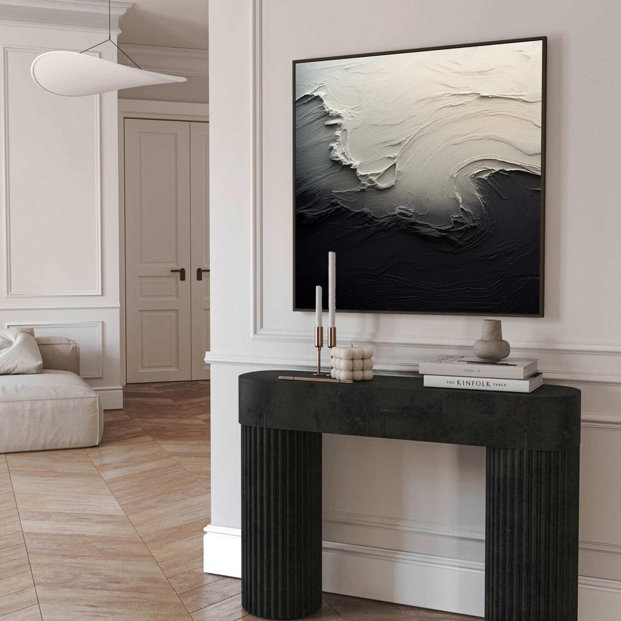 لوحة فنية جدارية تجريدية بسيطة باللون الأسود بنمط أبيض محكم #OP074