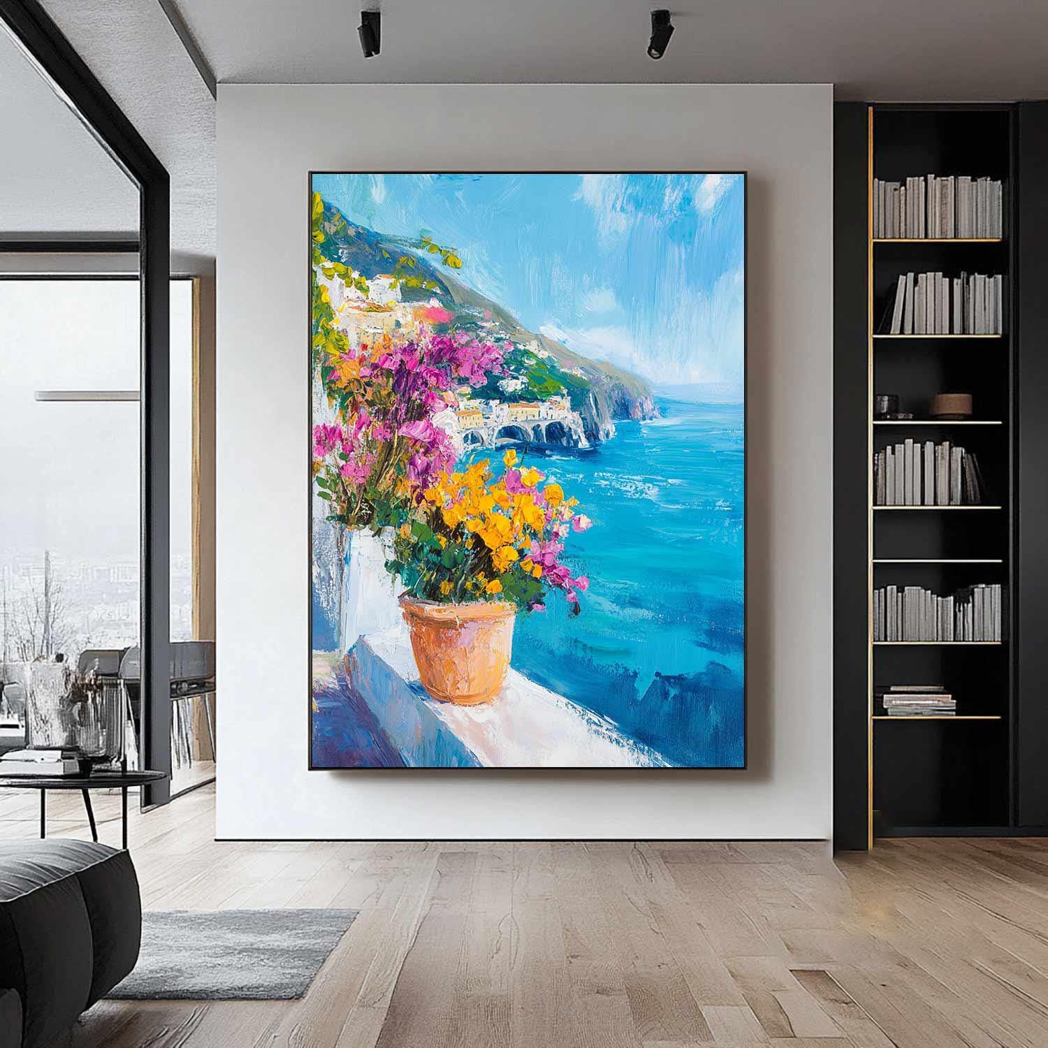 Azure Balcony: Colorful Flower Pot Scene, Ocean View Art #MM461