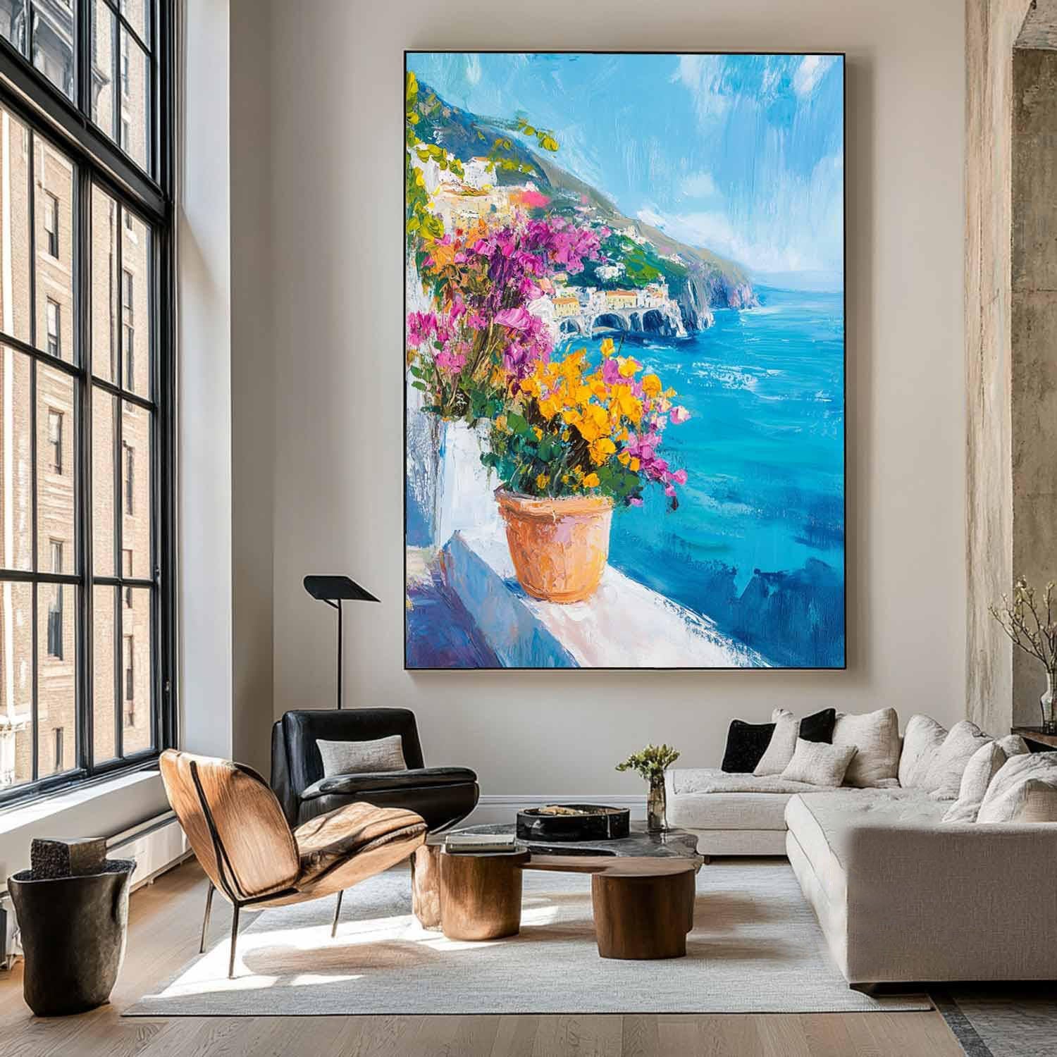 Azure Balcony: Colorful Flower Pot Scene, Ocean View Art #MM461