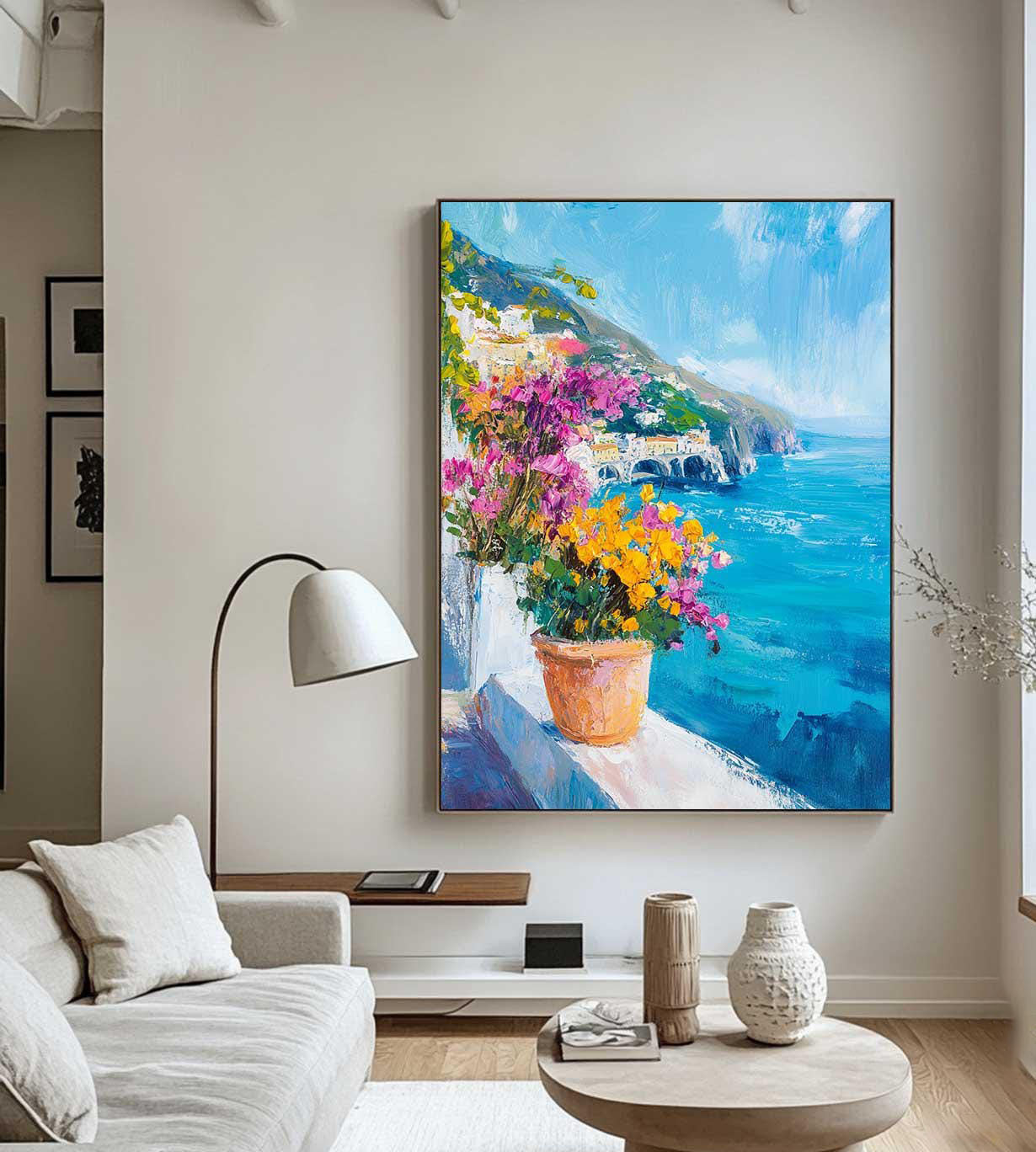 Azure Balcony: Colorful Flower Pot Scene, Ocean View Art #MM461
