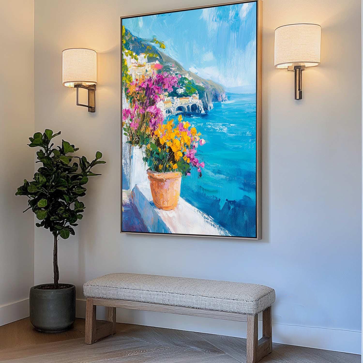 Azure Balcony: Colorful Flower Pot Scene, Ocean View Art #MM461