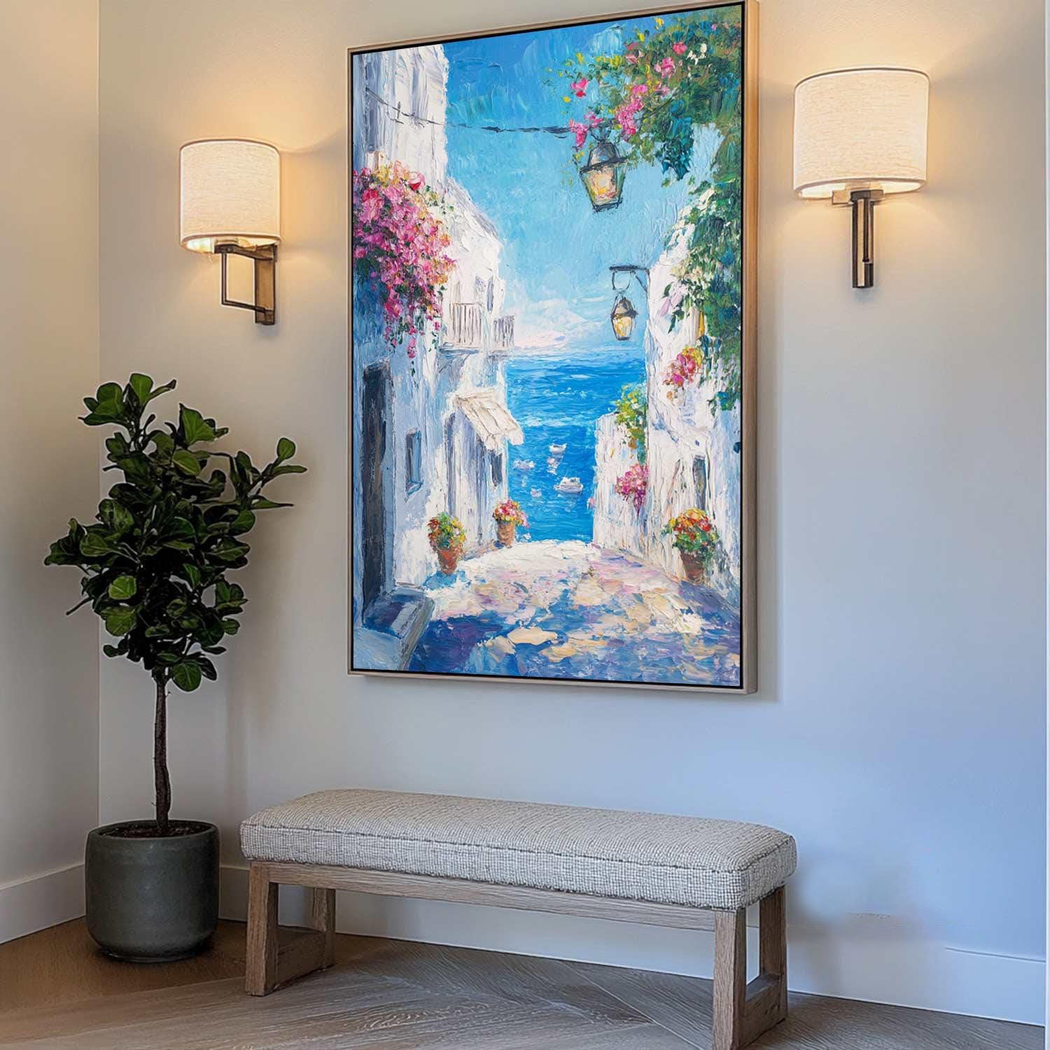 Azure Alley: Colorful Coastal View, Impressionistic Street Art #MM480