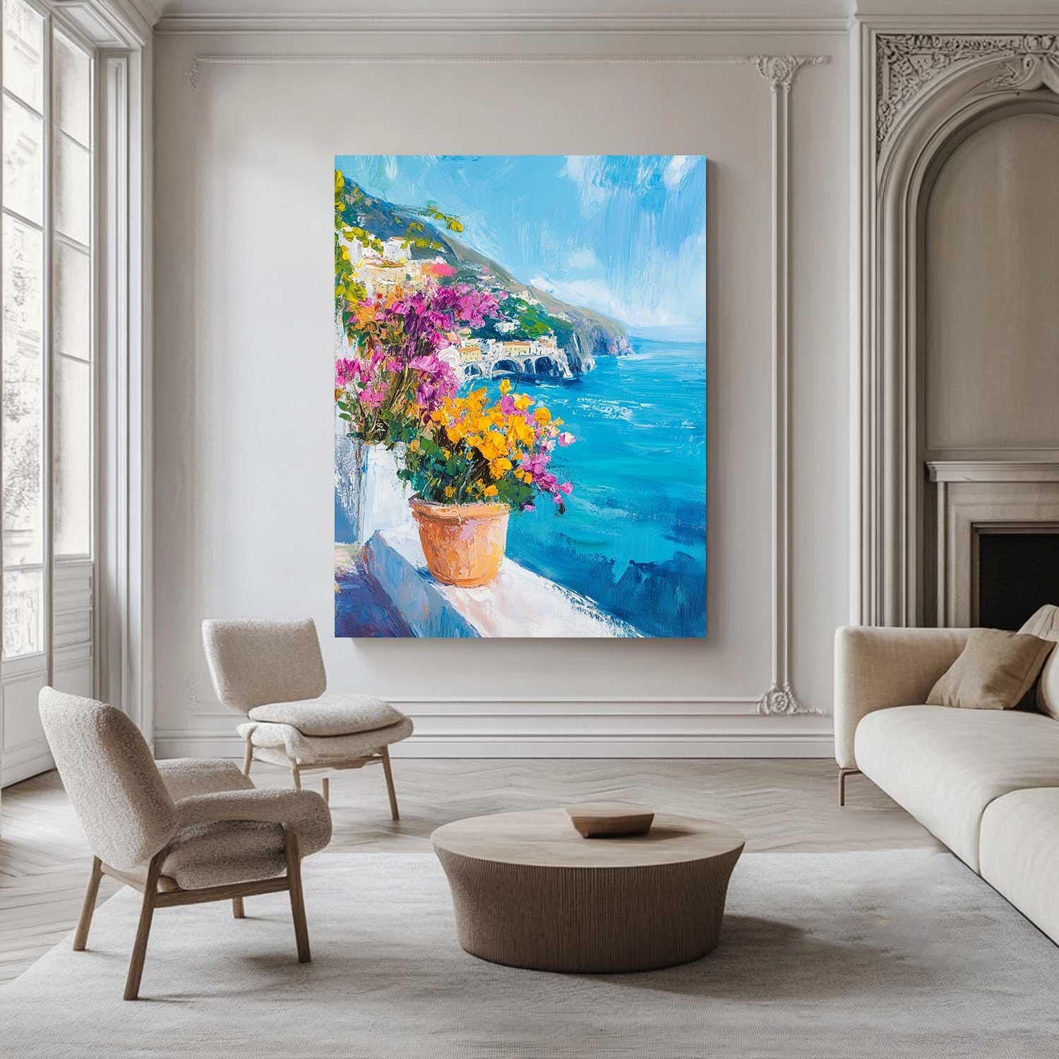 Azure Balcony: Colorful Flower Pot Scene, Ocean View Art #MM461
