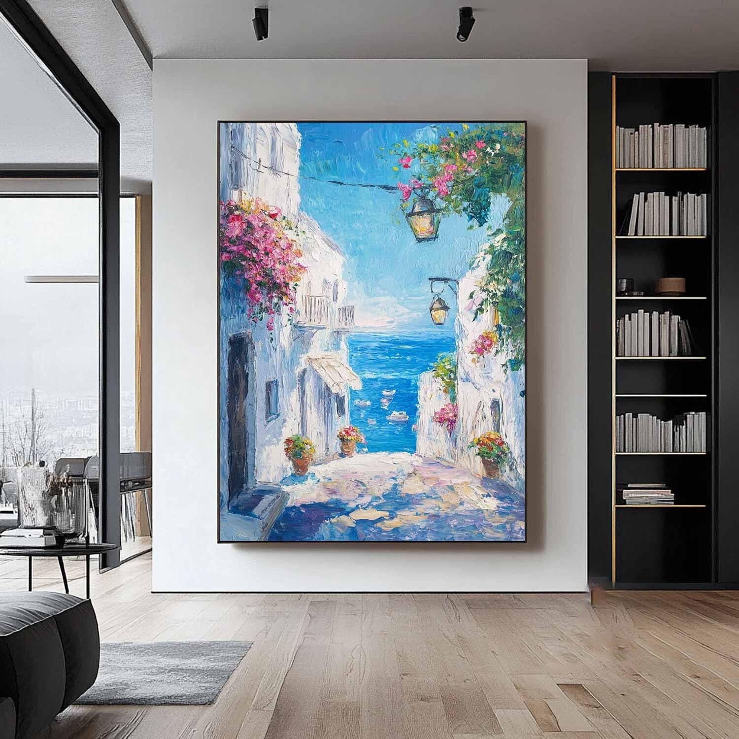 Azure Alley: Colorful Coastal View, Impressionistic Street Art #MM480