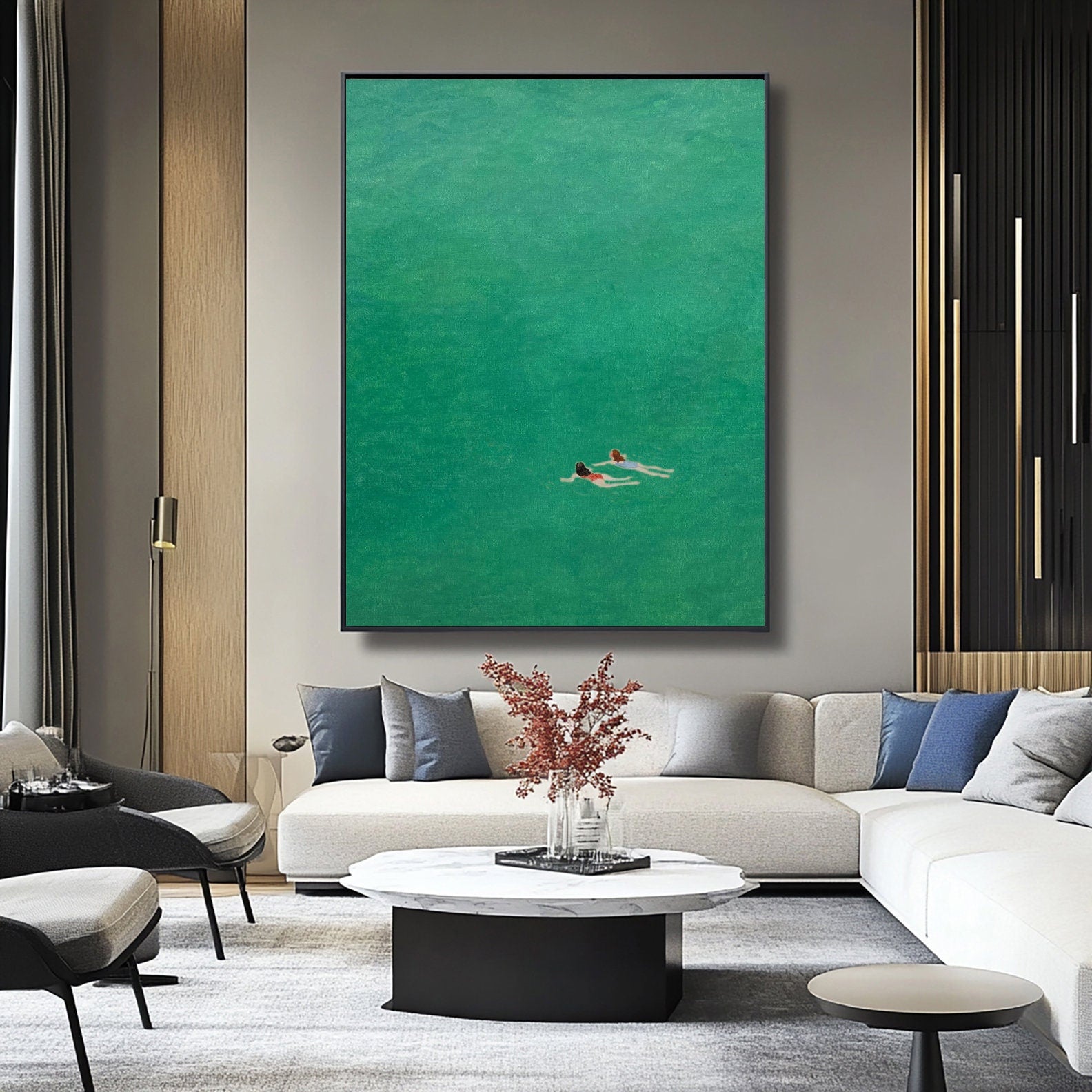 Serene Emerald Swim: Overhead View of Swimmers in Green #MM654