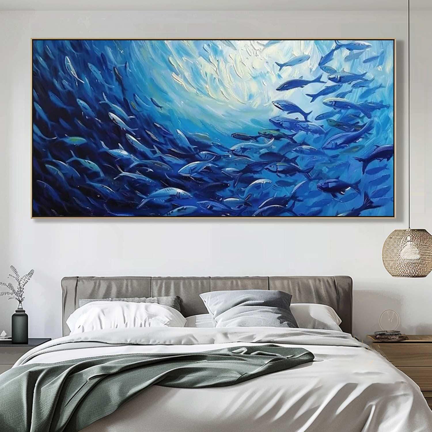 Large Blue Fish Oil Painting: Ocean Life Canvas Art for Modern Decor #MM493