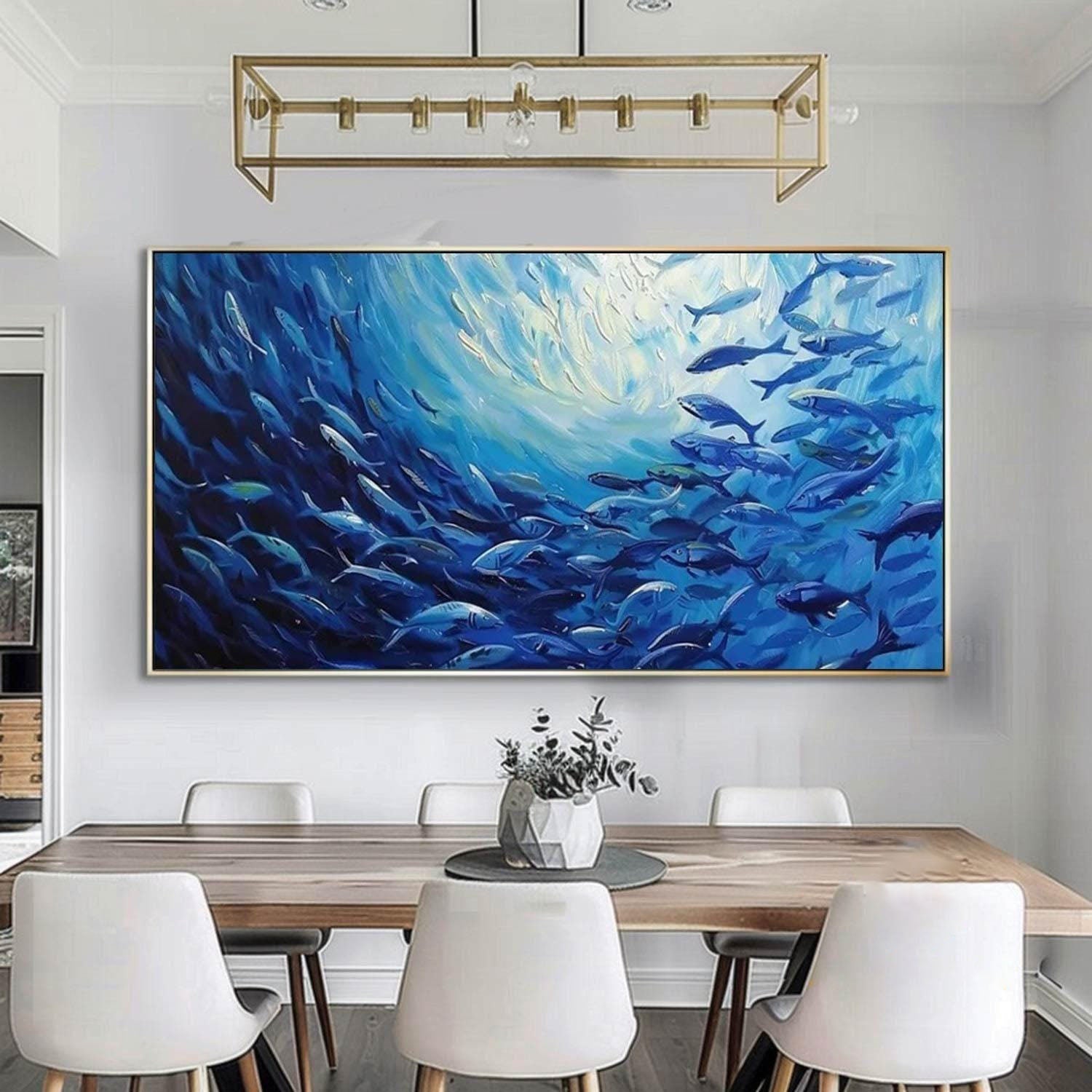 Large Blue Fish Oil Painting: Ocean Life Canvas Art for Modern Decor #MM493