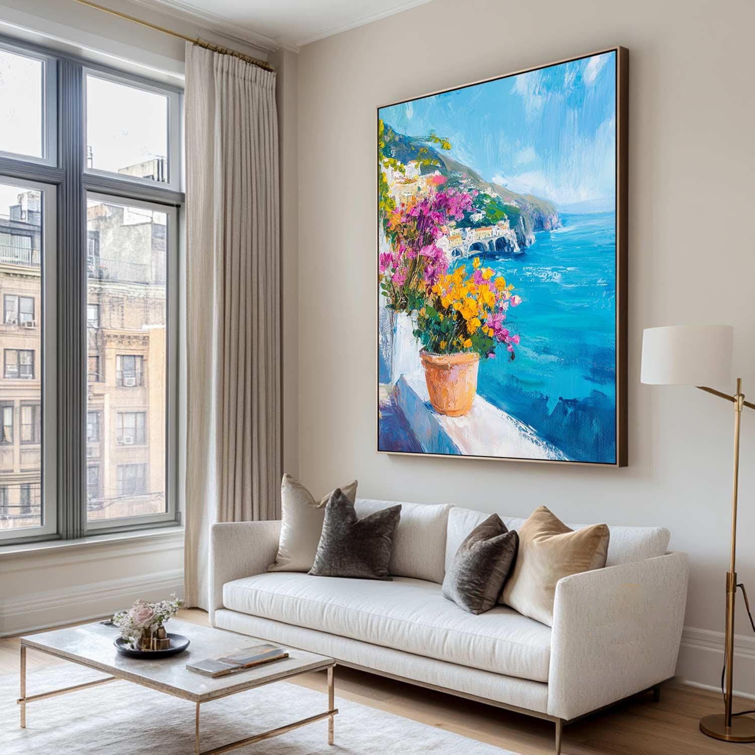 Azure Balcony: Colorful Flower Pot Scene, Ocean View Art #MM461