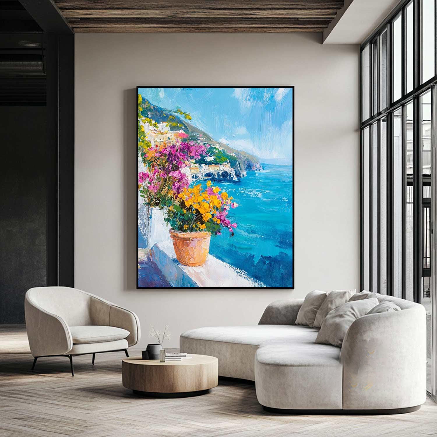 Azure Balcony: Colorful Flower Pot Scene, Ocean View Art #MM461