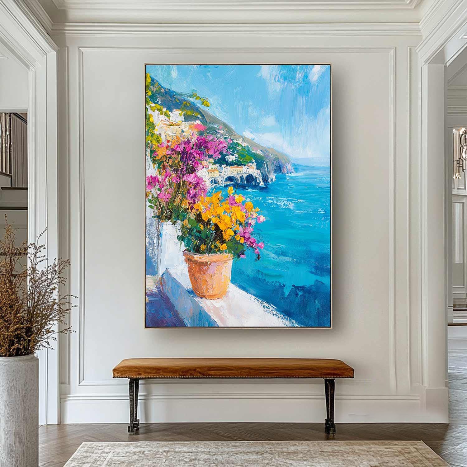 Azure Balcony: Colorful Flower Pot Scene, Ocean View Art #MM461