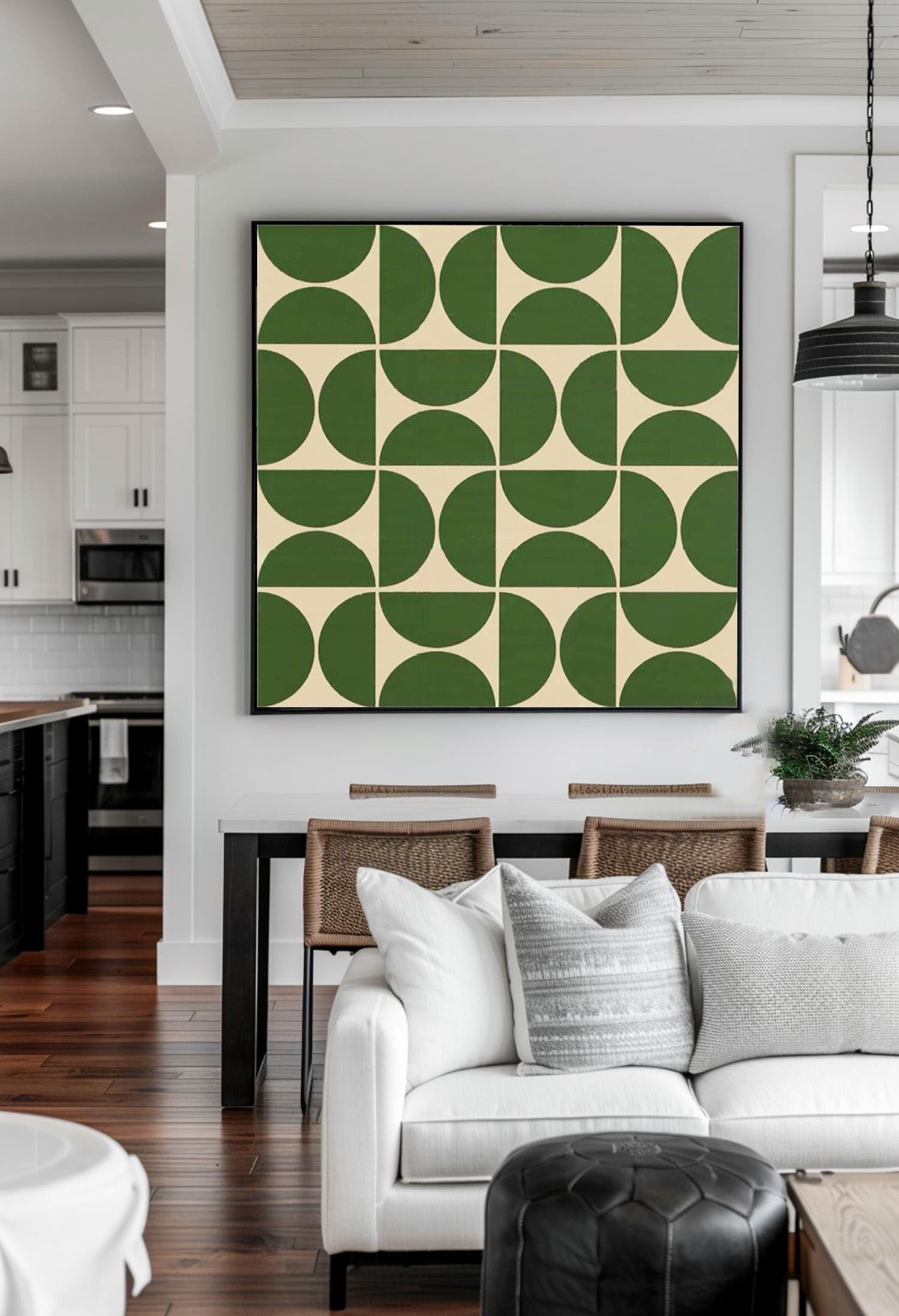 Green Geometric Wall Art – Mid Century Modern Abstract Canvas for Living Room #MM463
