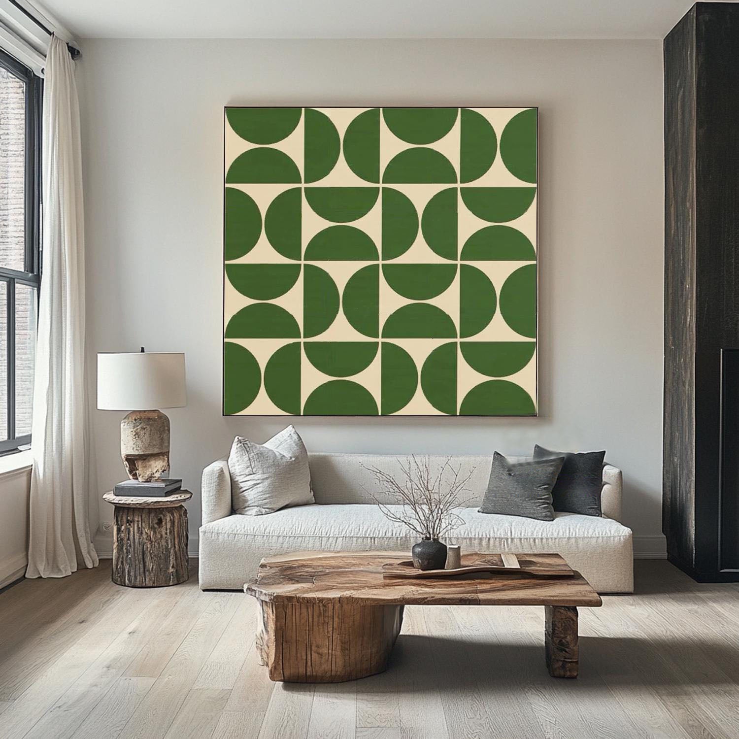 Green Geometric Wall Art – Mid Century Modern Abstract Canvas for Living Room #MM463