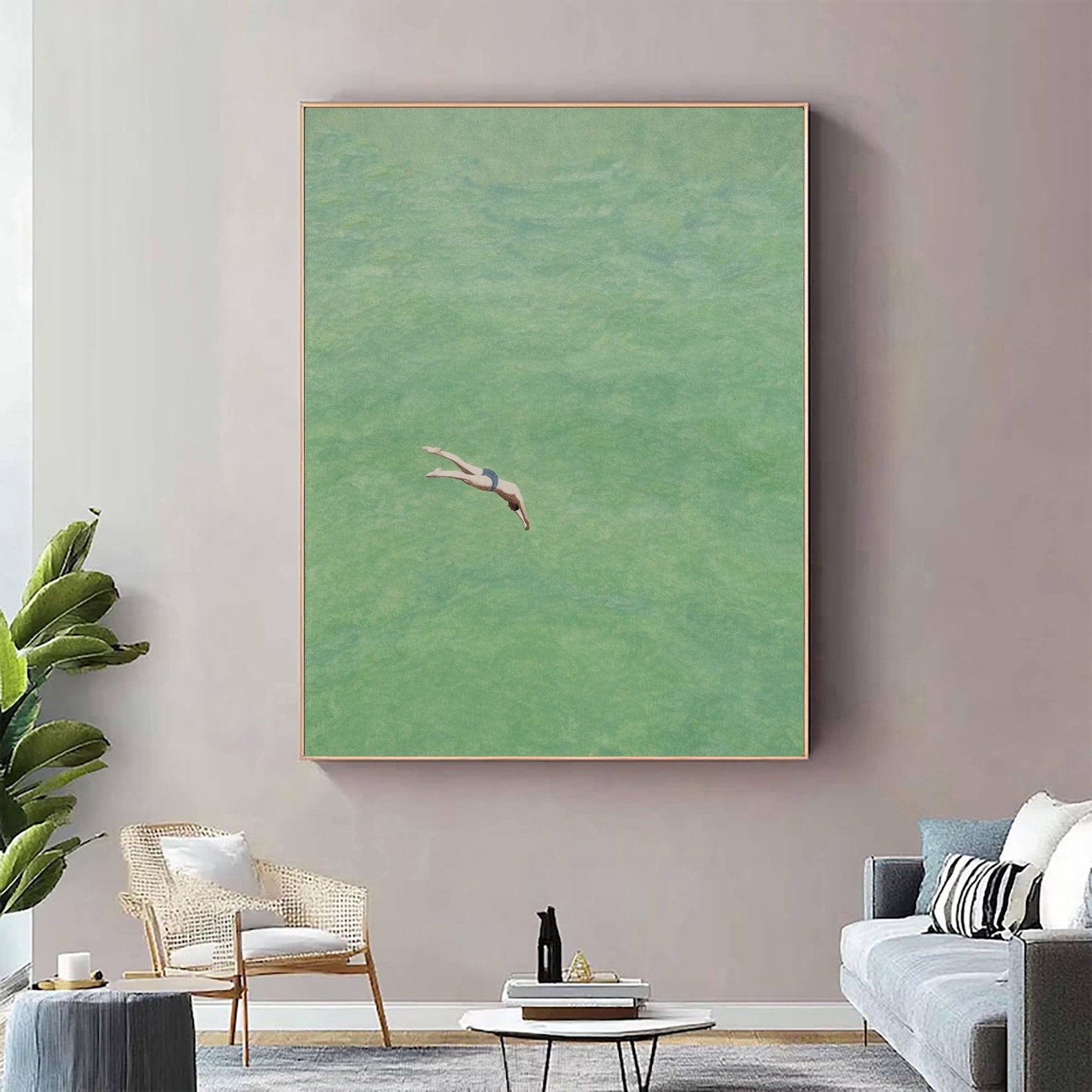 Green Water Plunge: Minimalist Painting of a Diver Entering Still #MM649