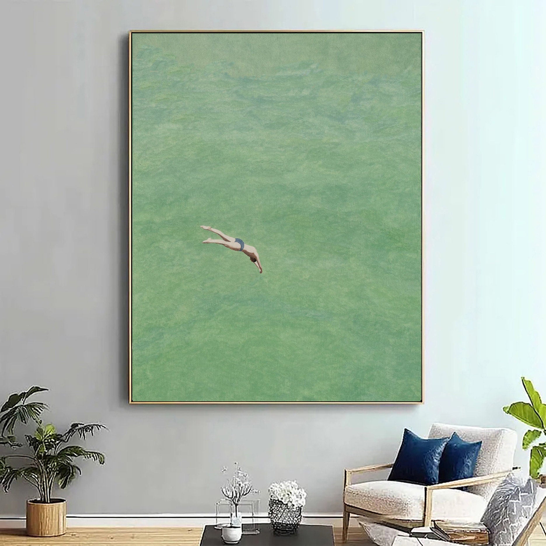 Green Water Plunge: Minimalist Painting of a Diver Entering Still #MM649