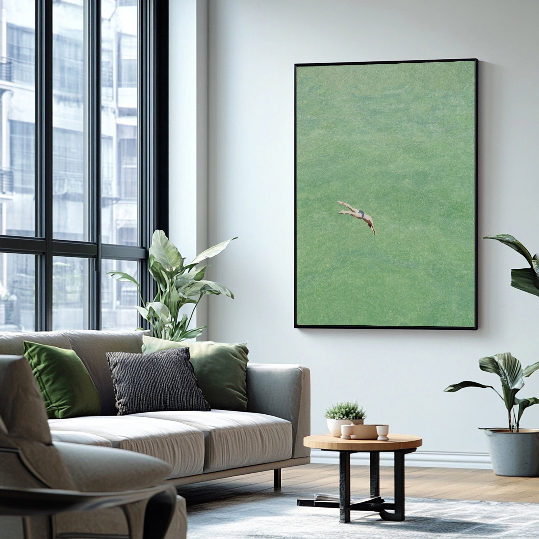 Green Water Plunge: Minimalist Painting of a Diver Entering Still #MM649