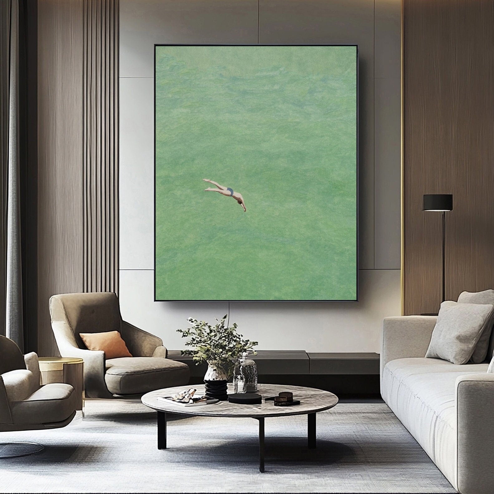 Green Water Plunge: Minimalist Painting of a Diver Entering Still #MM649
