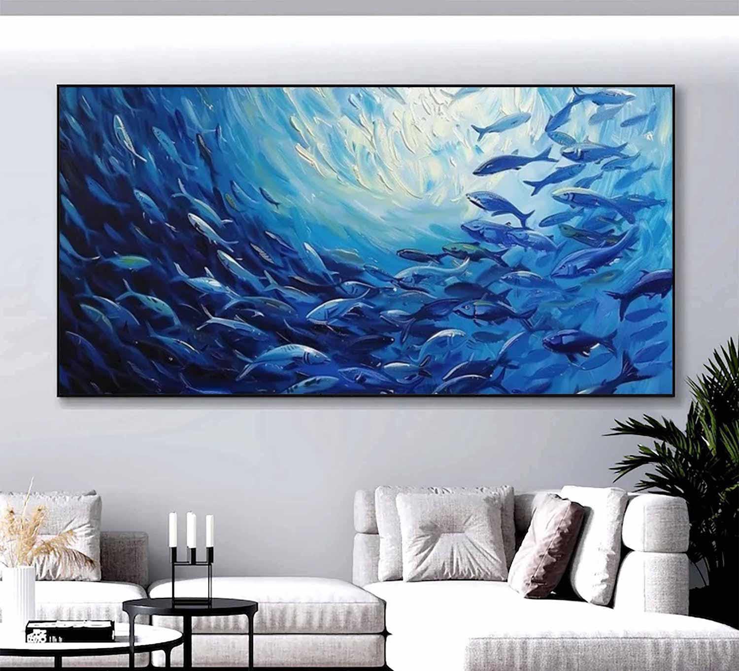 Large Blue Fish Oil Painting: Ocean Life Canvas Art for Modern Decor #MM493