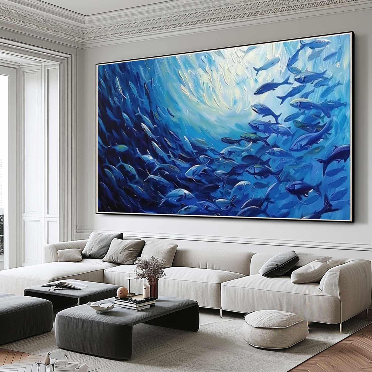 Large Blue Fish Oil Painting: Ocean Life Canvas Art for Modern Decor #MM493