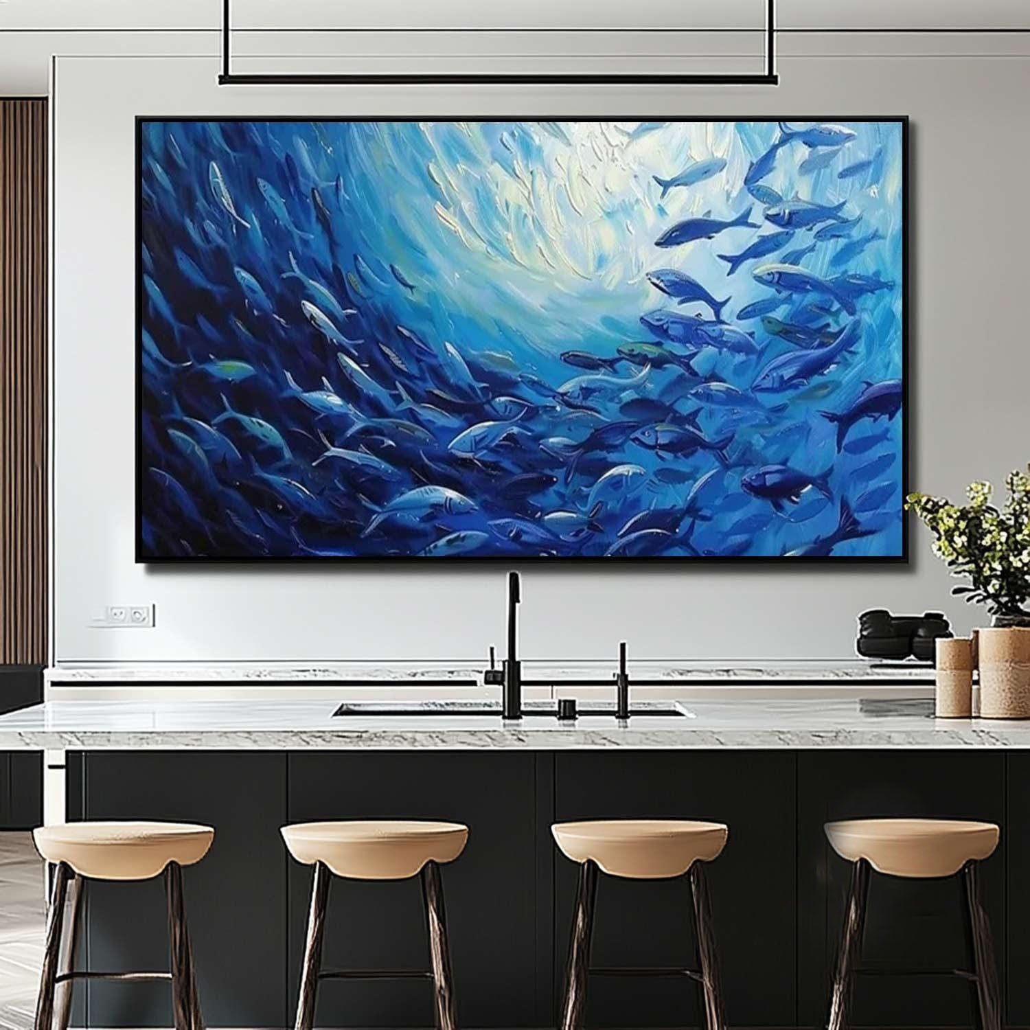 Large Blue Fish Oil Painting: Ocean Life Canvas Art for Modern Decor #MM493