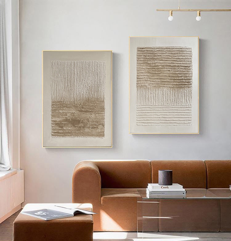 Woven Silence: Minimalist Neutral Set Of 2 with Impasto Lines #MM558