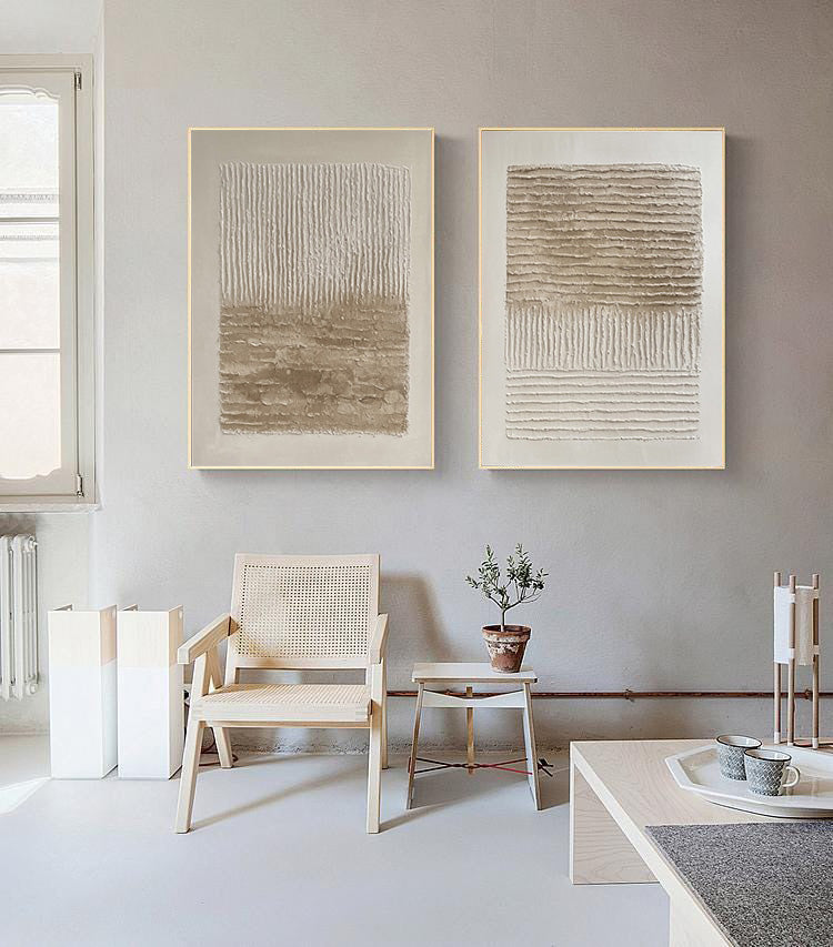 Woven Silence: Minimalist Neutral Set Of 2 with Impasto Lines #MM558