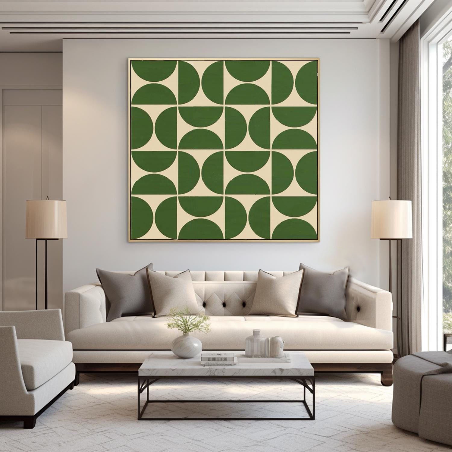 Green Geometric Wall Art – Mid Century Modern Abstract Canvas