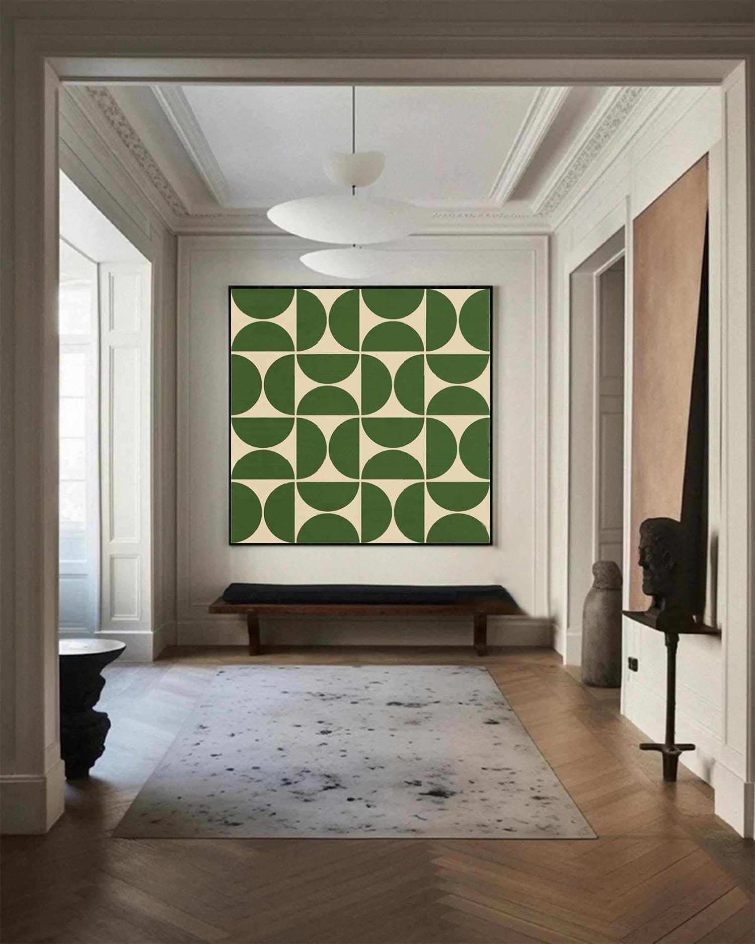 Green Geometric Wall Art – Mid Century Modern Abstract Canvas for Living Room #MM463