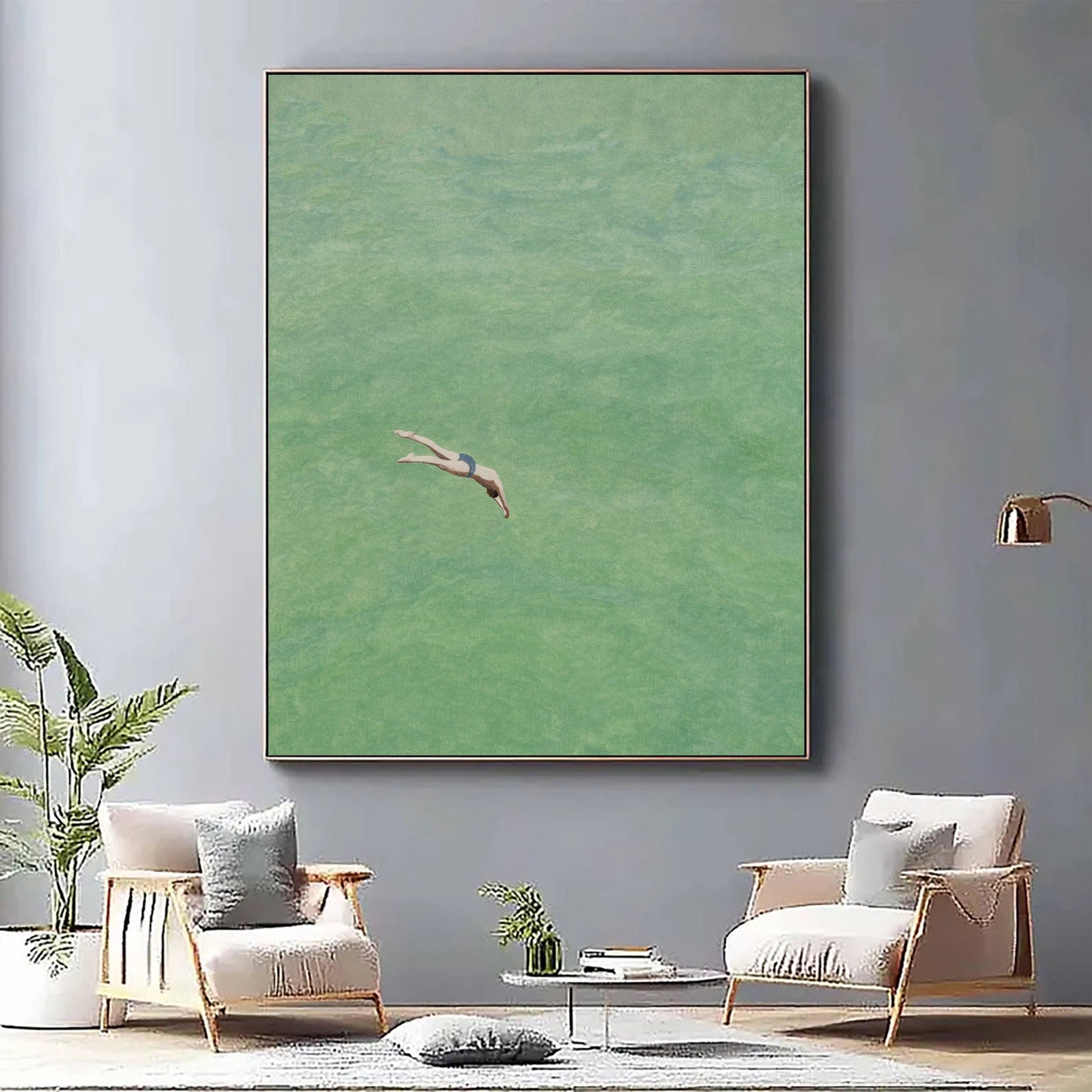 Green Water Plunge: Minimalist Painting of a Diver Entering Still #MM649