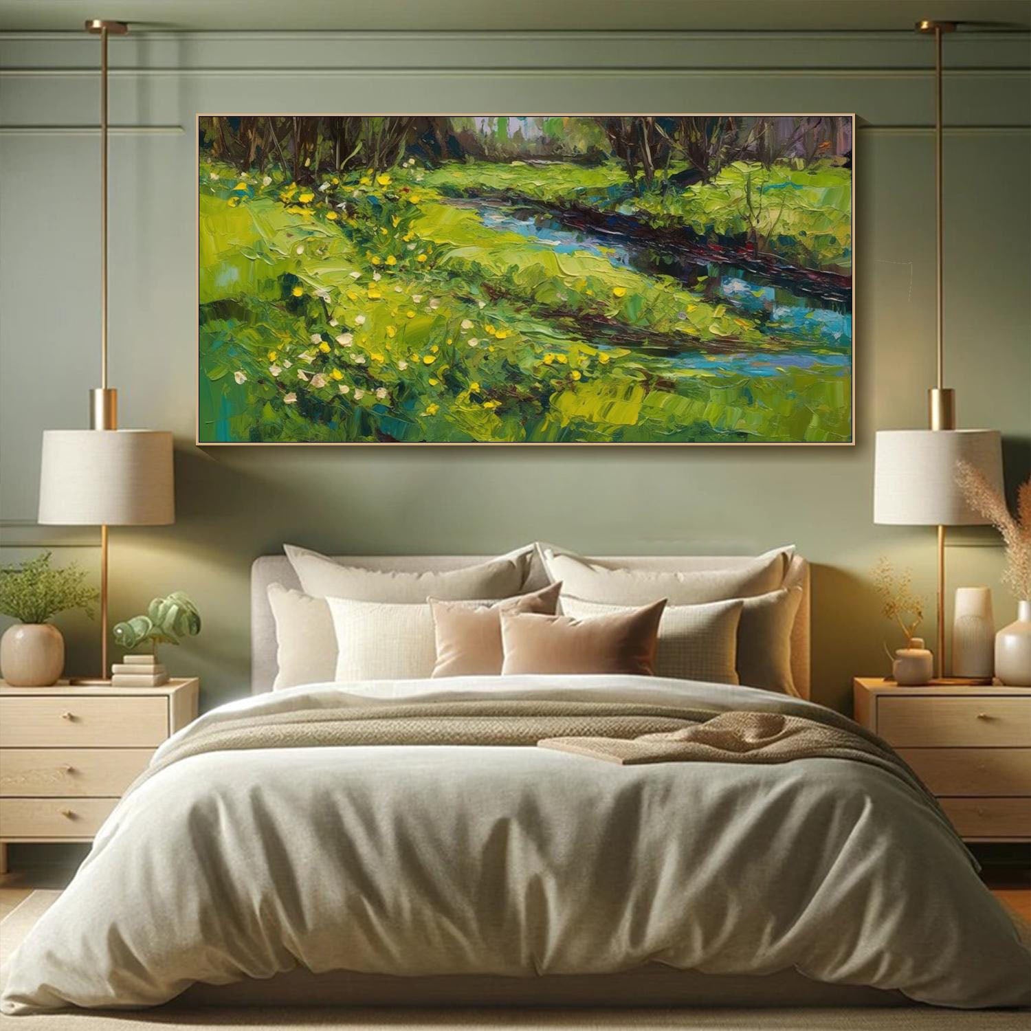 Tranquil Sunlit River Landscape, Large Green Impressionistic Wall Art #MM322