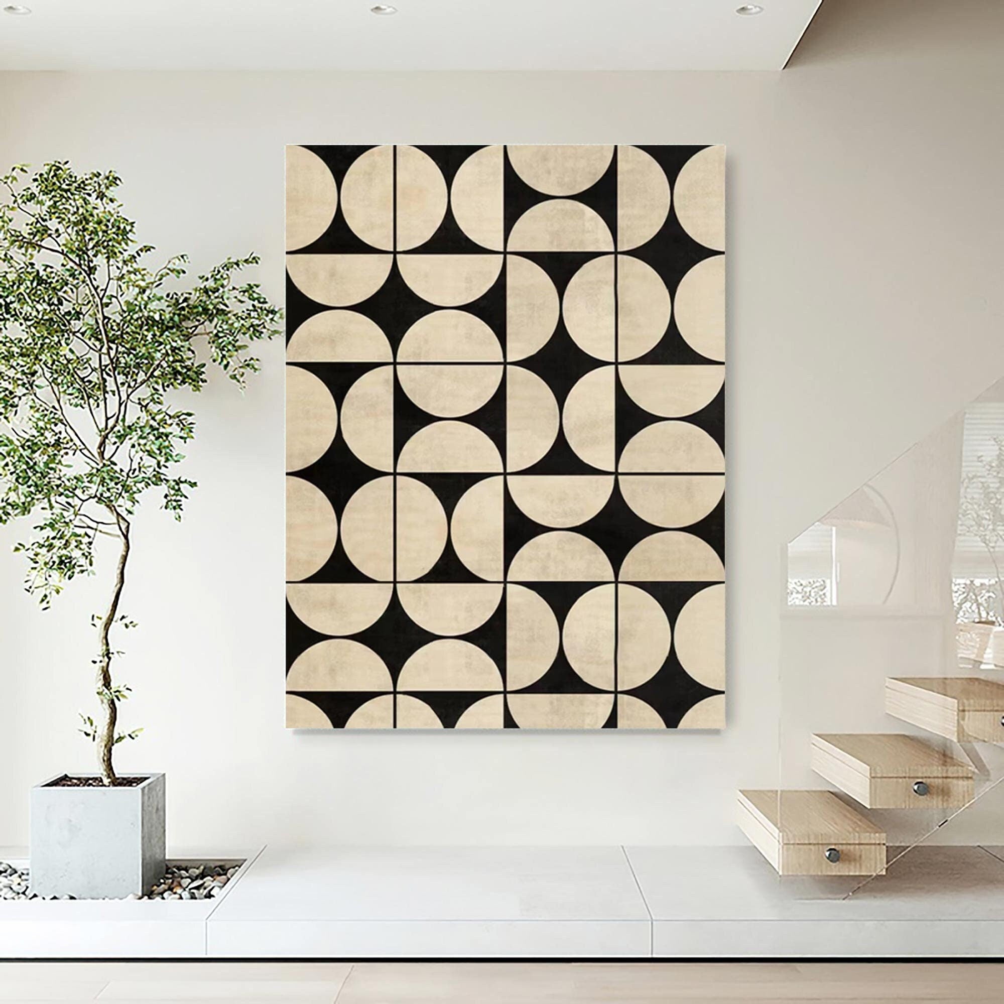 Architectural Echoes: Bold Geometric Art, Beige & Black Pattern Art #MM459
