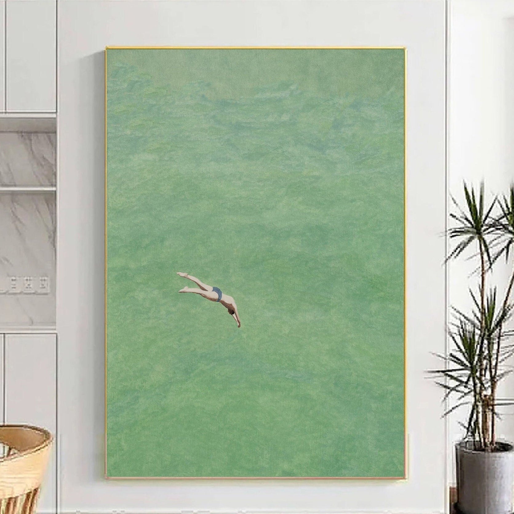 Green Water Plunge: Minimalist Painting of a Diver Entering Still #MM649