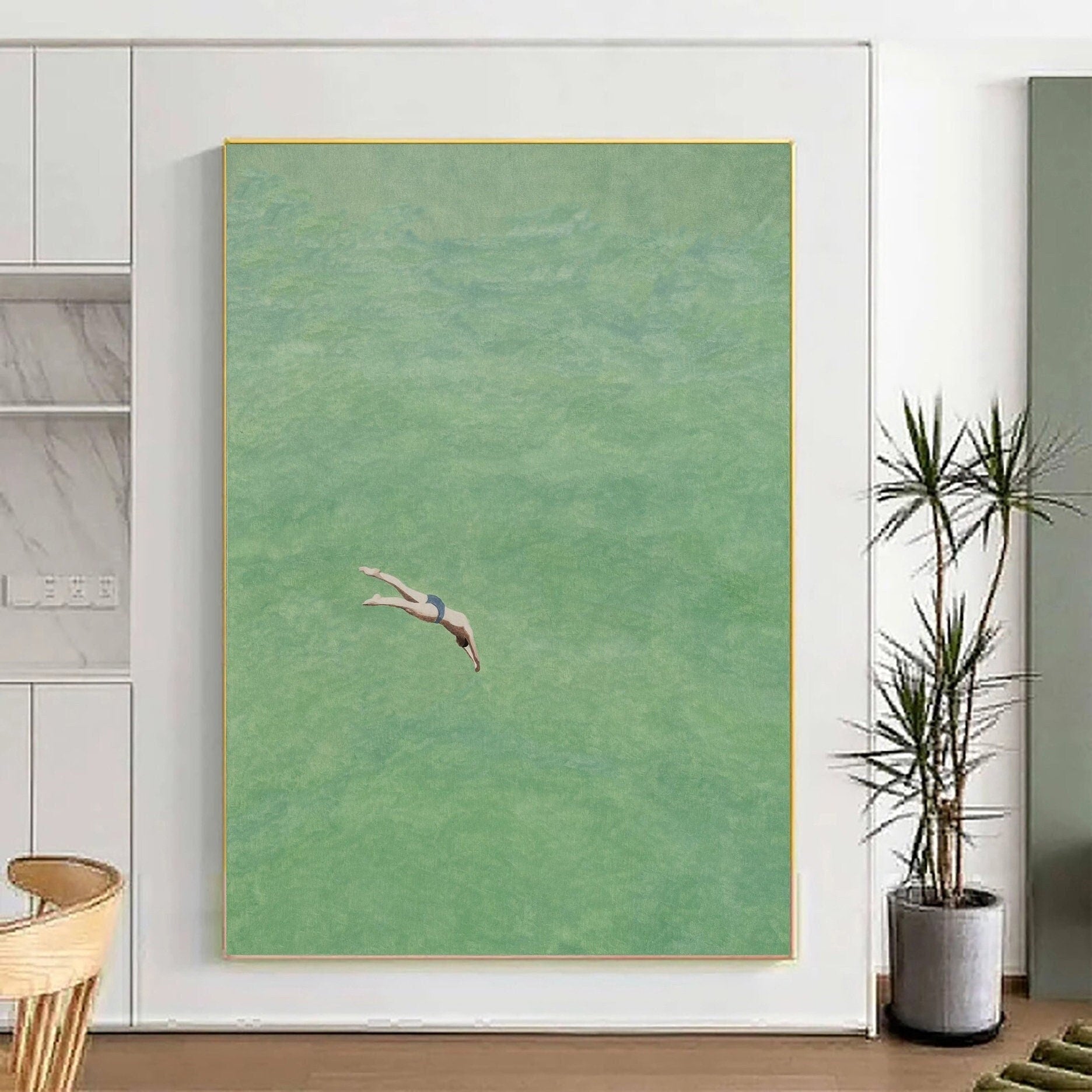 Green Water Plunge: Minimalist Painting of a Diver Entering Still #MM649