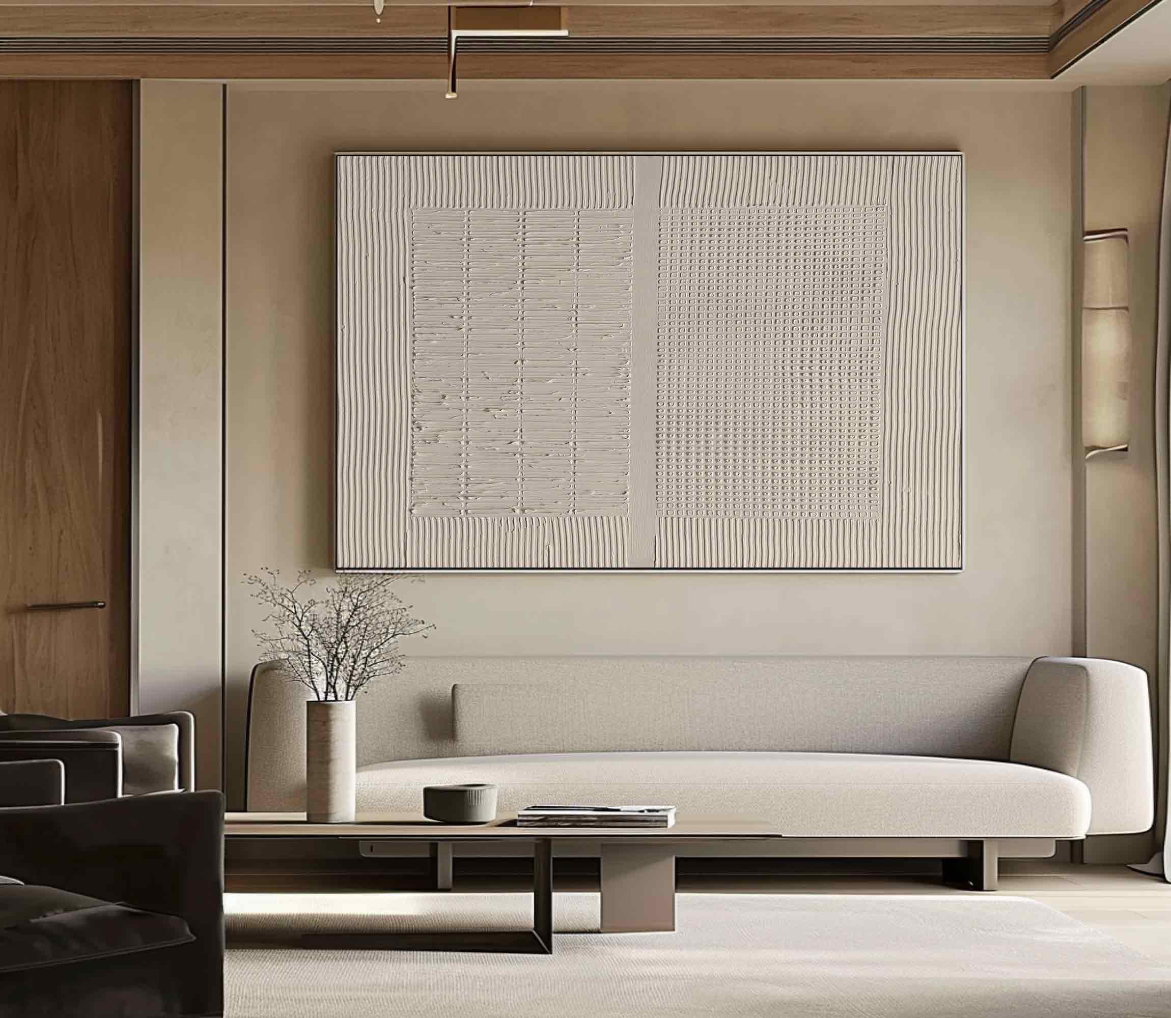 Minimal White Canvas Art - Textured Geometric Relief #AG 056