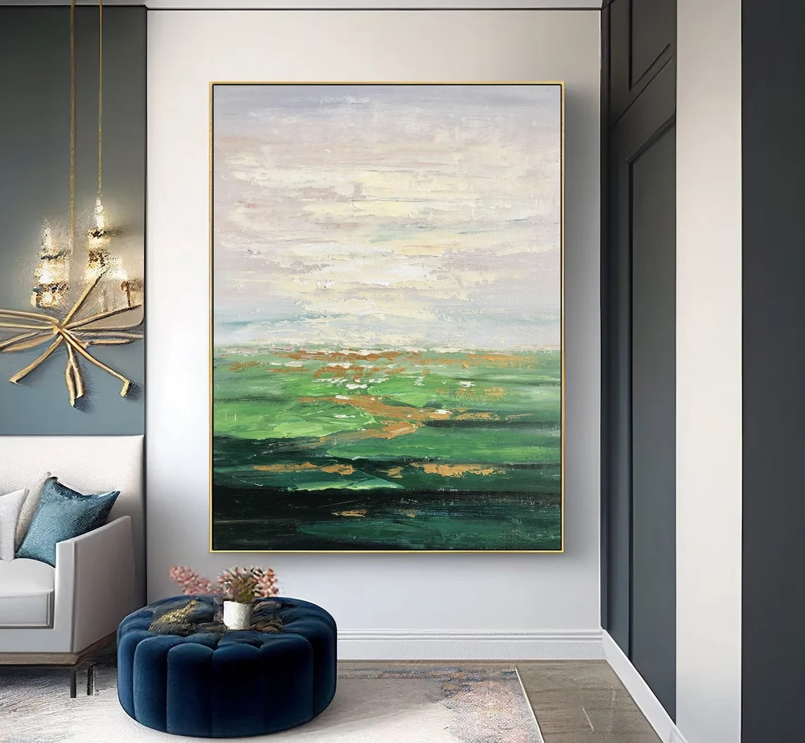 Abstract Green Landscape Oil Painting, Modern Nature Art #MM383