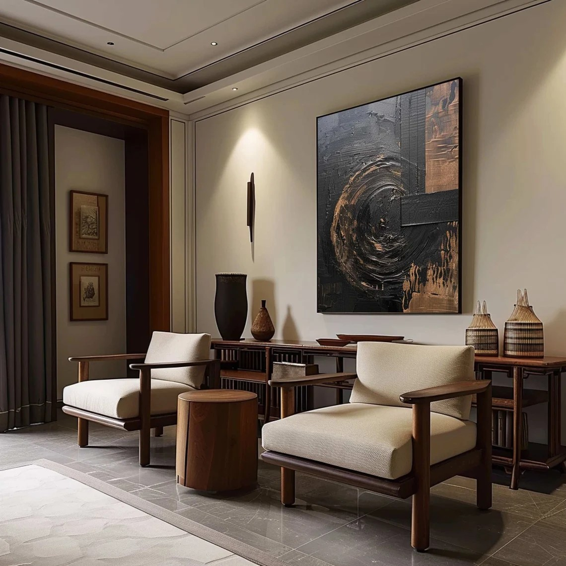 لوحة فنية جدارية تجريدية بخطوط ديناميكية باللونين الأسود والبني #MM240