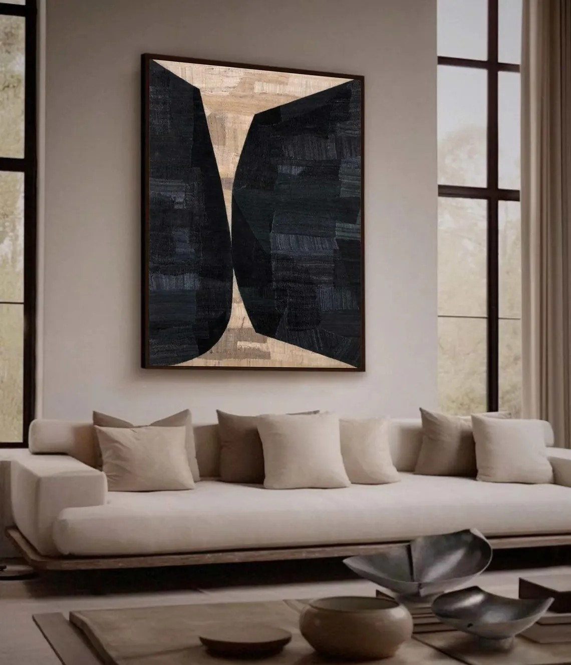 ديكور جداري عصري تجريدي باللونين الأسود والبيج الجريء #MM239