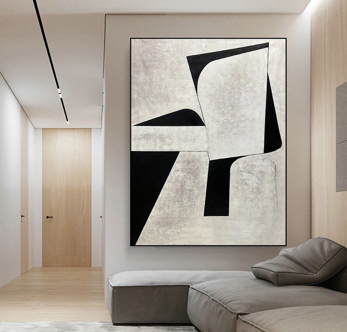 Textured Black and White Painting, Bold Modern Geometric Canvas #MM443