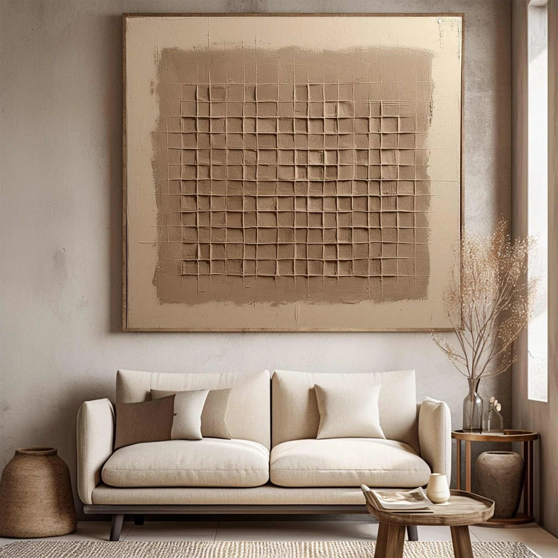 Earthy Grid Pattern, Minimalist Textured Contemporary Wall Art #MM417